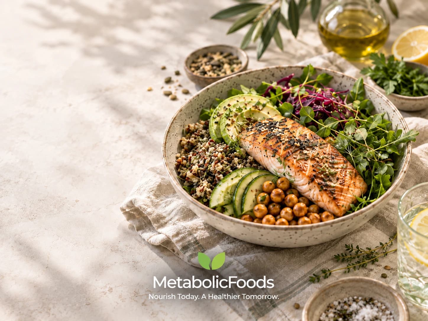 A spread of whole, colorful foods supporting metabolic health